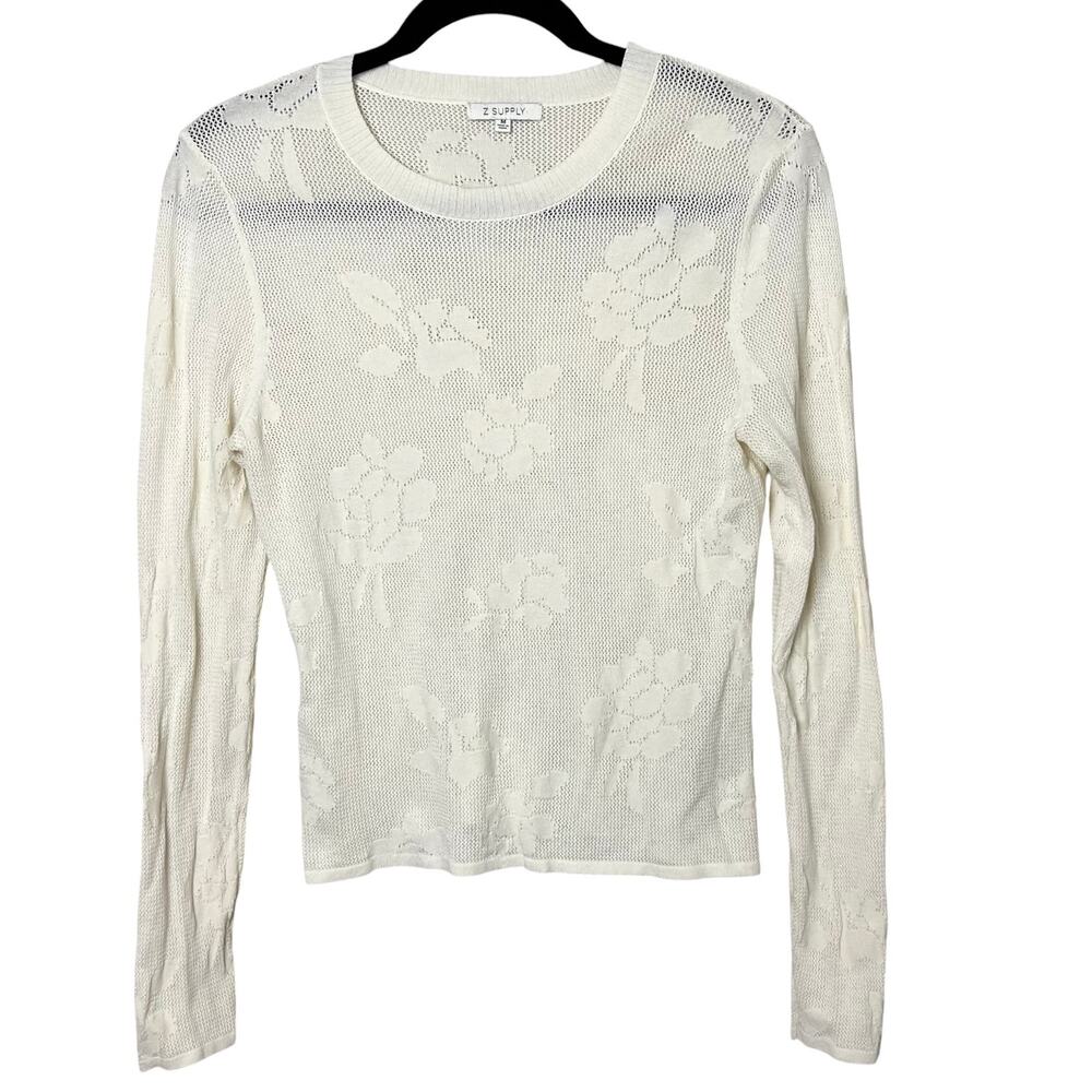 Z Supply Tibi Ivory Mesh Knit Floral Long Sleeve Sweater Top Size Medium - Picture 2 of 9